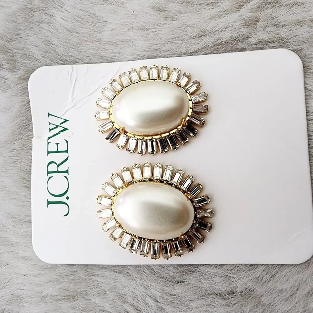 J. Crew Oversized Pearl and Baguette Crystal Statement Stud Earrings Gold NWT